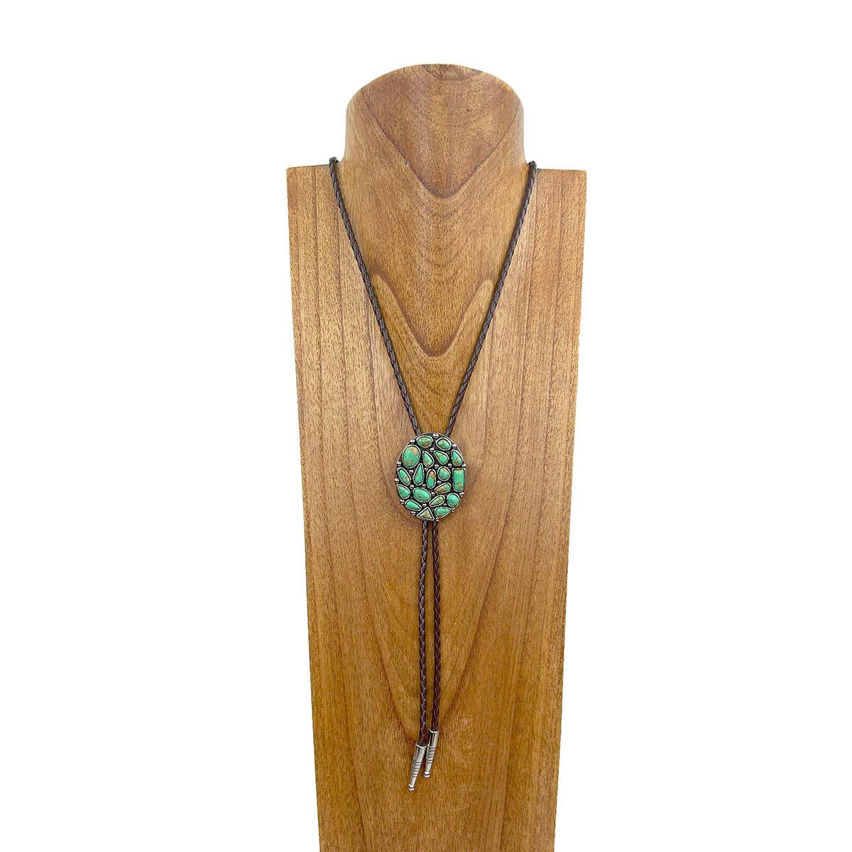 NKY250525-03 Brown leather with green turquoise stone oval pendant Necklace