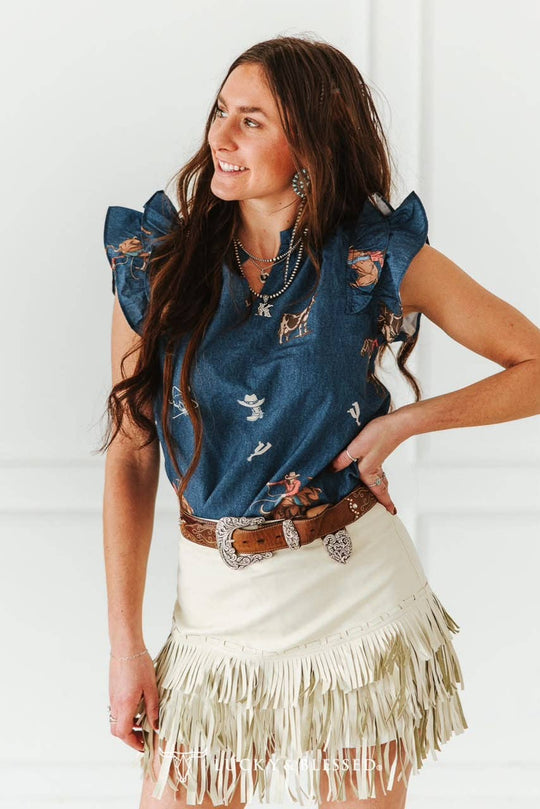 Mid Wash Cowboy Printed Ruffle Western Sleeve Top