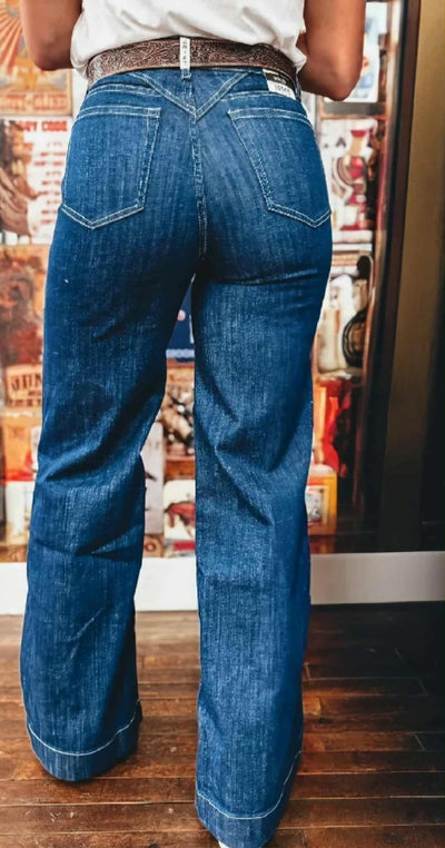 Sail Blue Stitched Waist Jeans Loose Cuffed Jeans