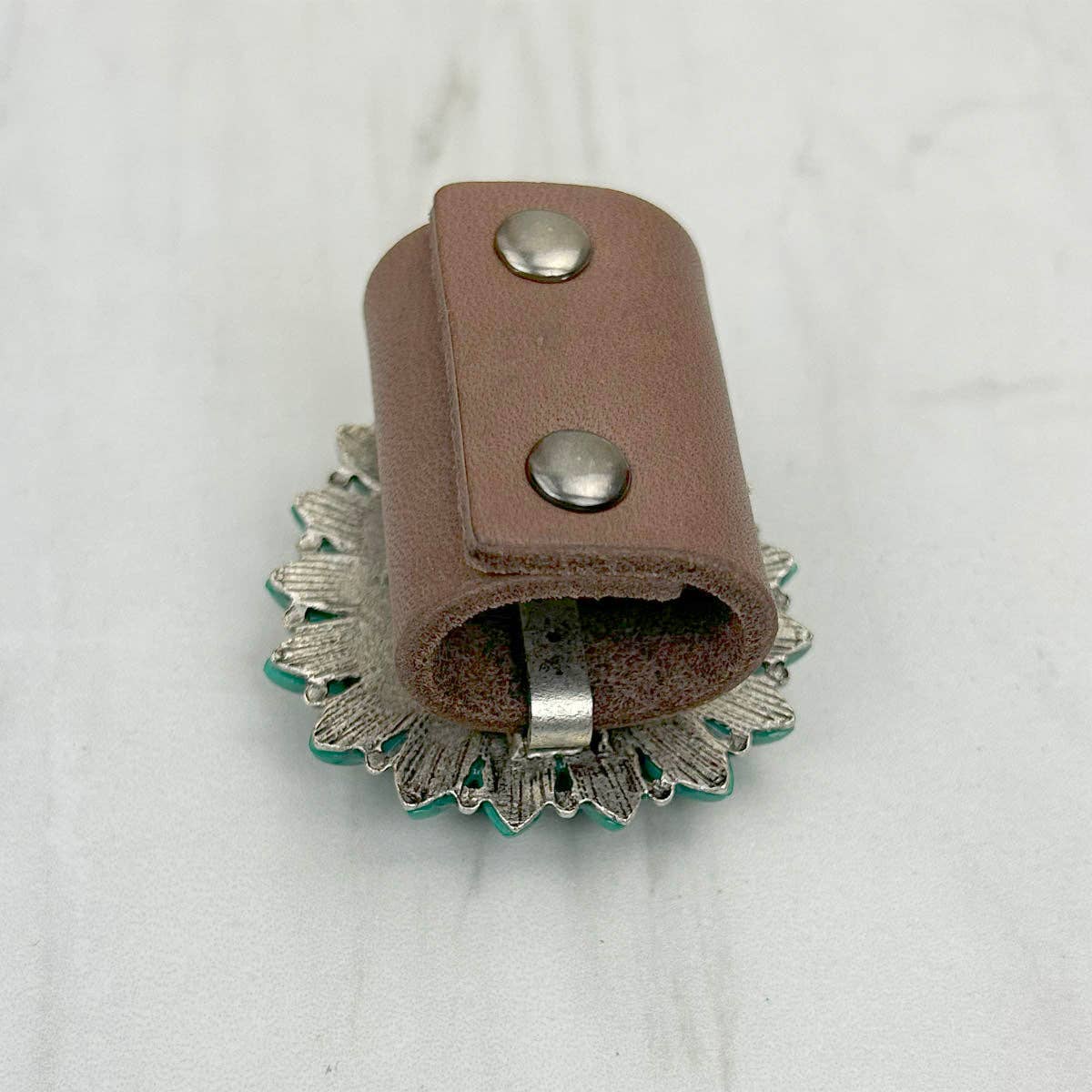 WRS240615-09                  Silver metal with green turquoise stone wild rag slide