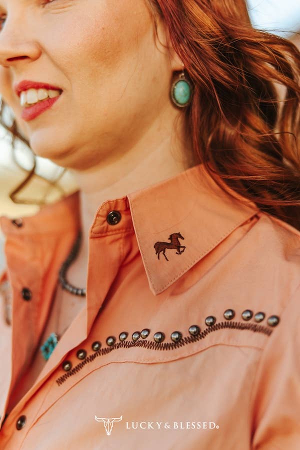 Harper Peach Studded Contrast Embroidered Puff Button Down Shirt
