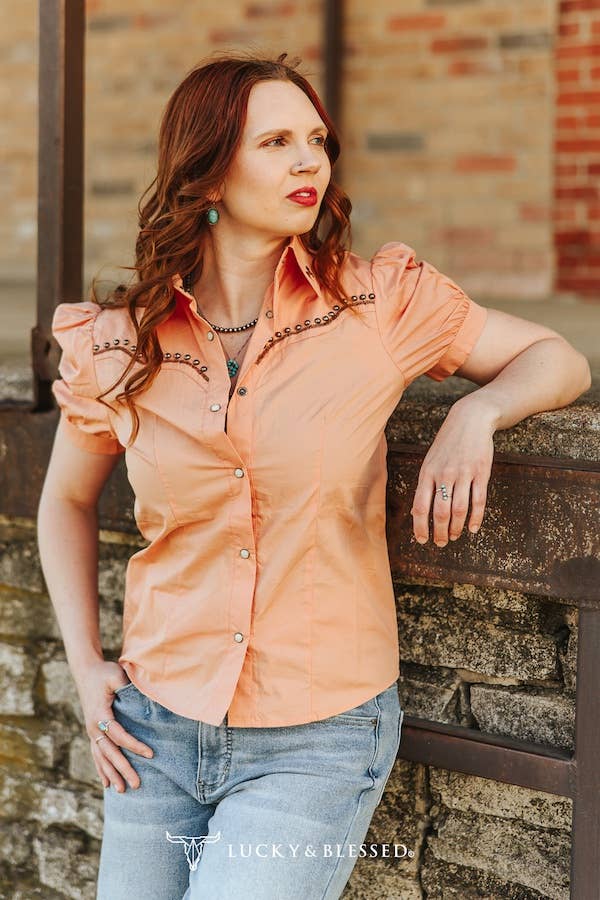 Harper Peach Studded Contrast Embroidered Puff Button Down Shirt