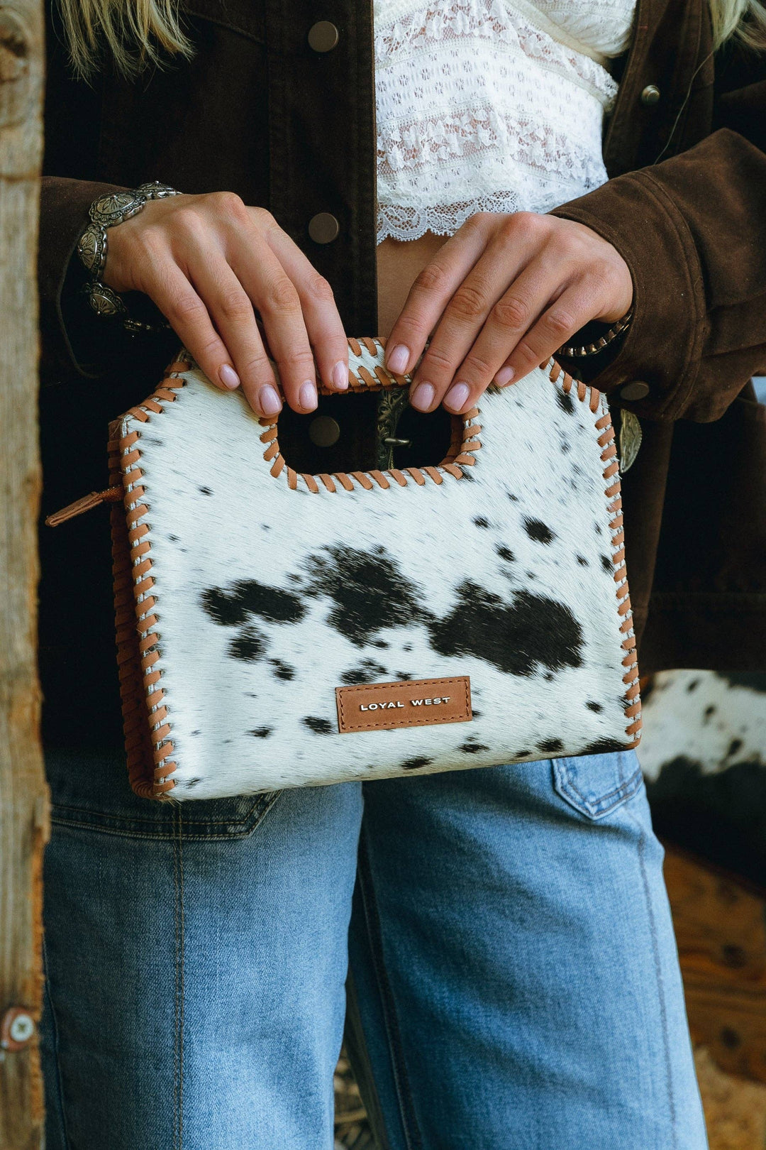 Alma Medium Hand Bag In Black &amp; White Cowhide