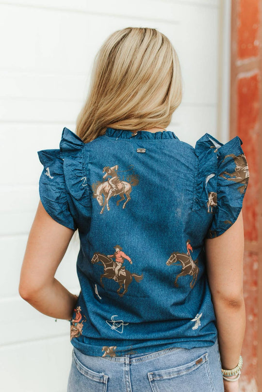 Mid Wash Cowboy Printed Ruffle Western Sleeve Top