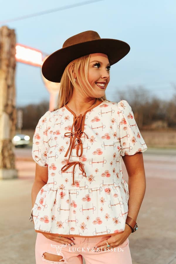 Connemara Printed tie Front Puff Sleeve Blouse