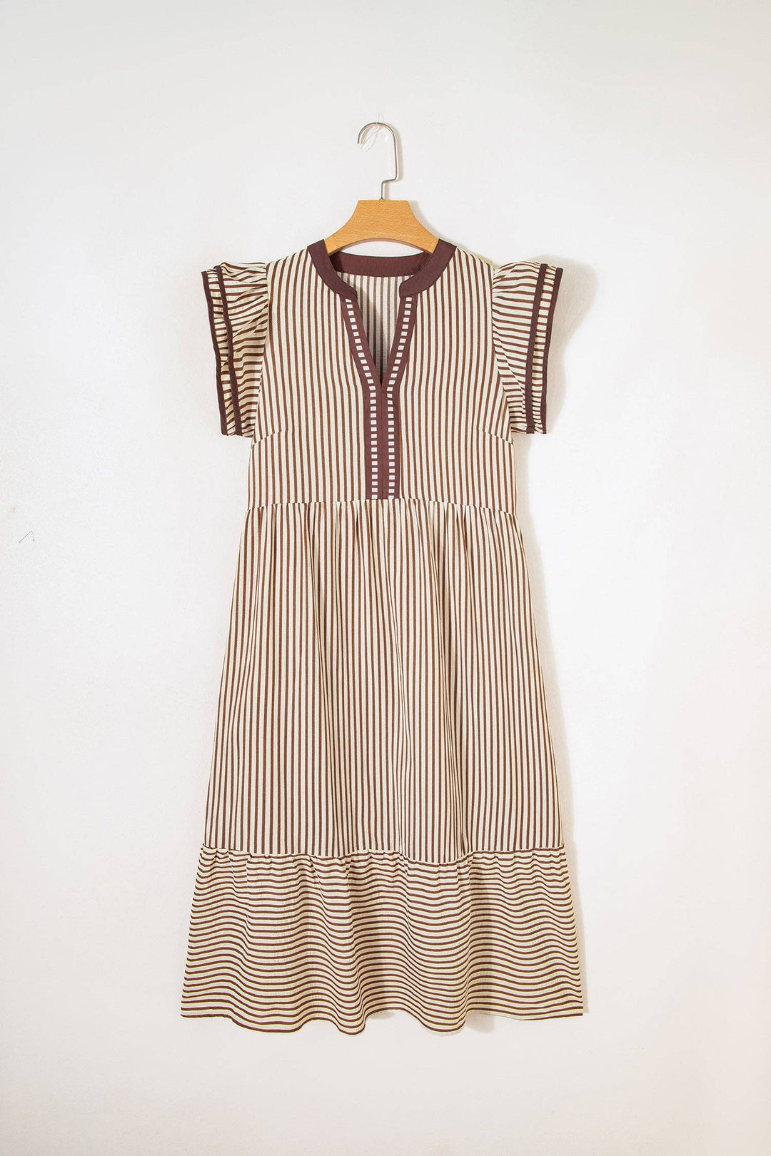 Camilla Stripe Ruffle Short Sleeve V-Neck Midi Dress
