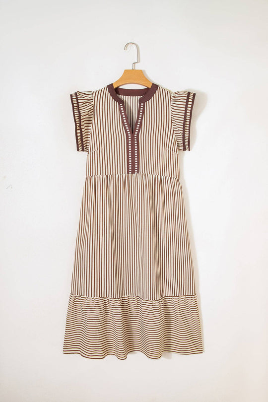 Camilla Stripe Ruffle Short Sleeve V-Neck Midi Dress