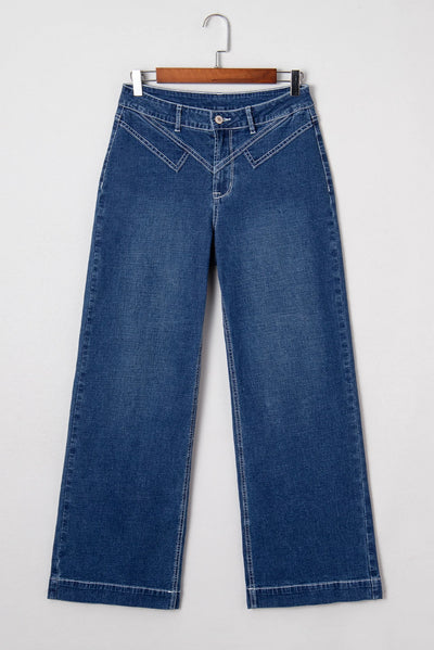 Sail Blue Stitched Waist Jeans Loose Cuffed Jeans