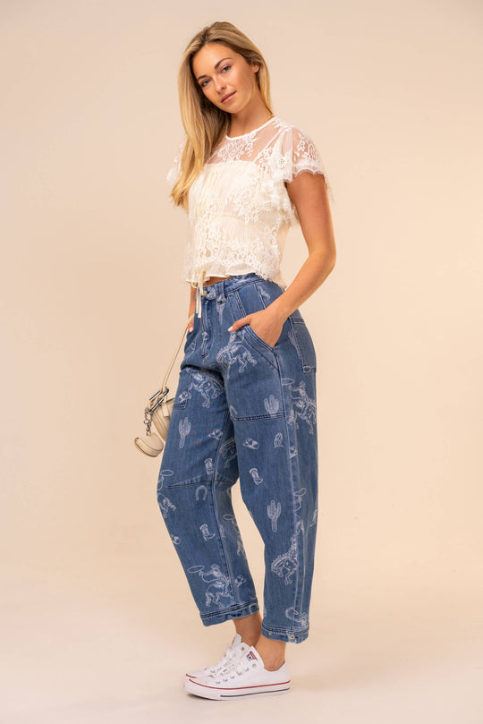 Selena Western Print Barrel Leg Denim Jean
