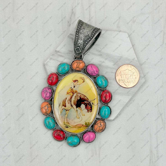 Silver metal with blue turquoise stone oval cowboy Pendent