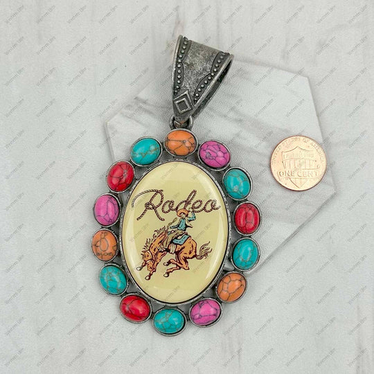 Silver metal with blue turquoise stone oval cowboy Pendent