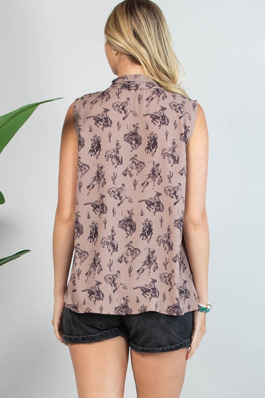 Bucking Horses Print Front Tie Top Tie Woven Top