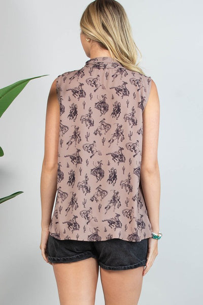 Bucking Horses Print Front Tie Top Tie Woven Top