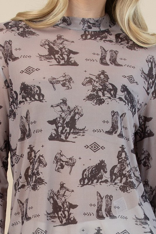 Antonella Western Cowboy Journey Print Mesh Top