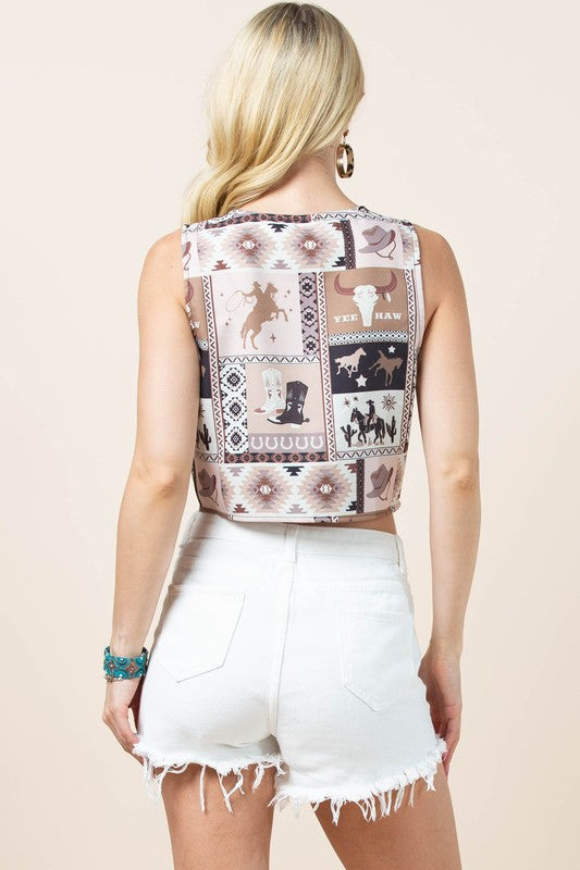 Lola Western Print Button Down Woven Vest