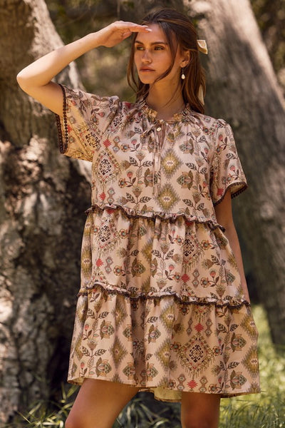 Aztec Printed Tired Mini Baby Doll Dress