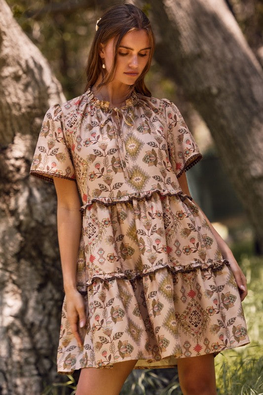 Aztec Printed Tired Mini Baby Doll Dress