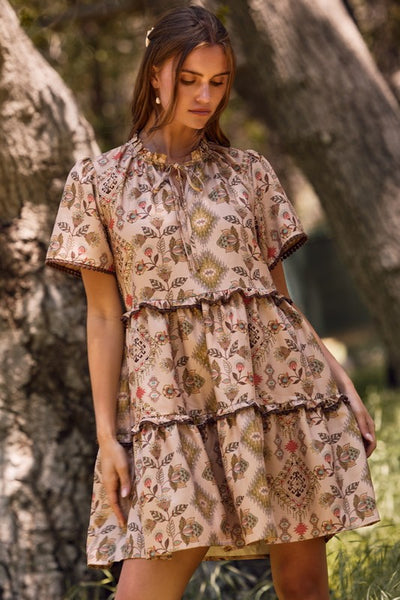 Aztec Printed Tired Mini Baby Doll Dress