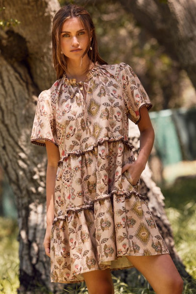 Aztec Printed Tired Mini Baby Doll Dress