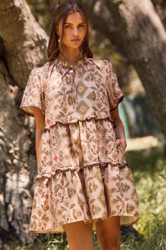 Aztec Printed Tired Mini Baby Doll Dress