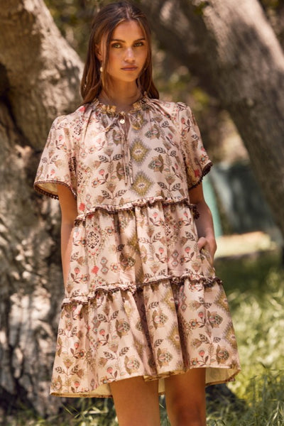 Aztec Printed Tired Mini Baby Doll Dress