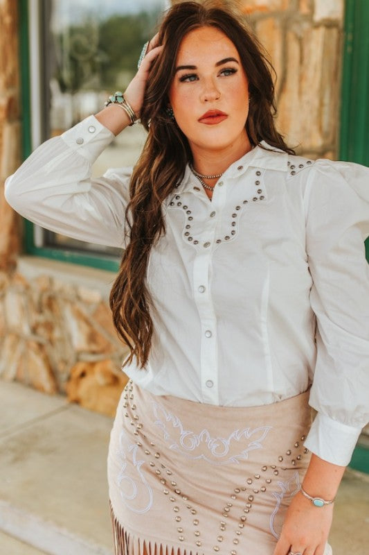 Beth Puff Sleeve Studded, Pearl Snap Shirt