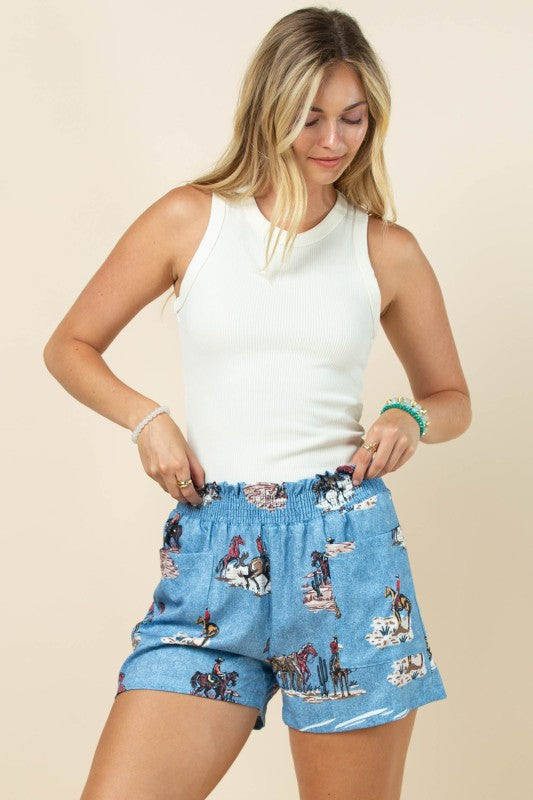 Western Denim Print Smock Waist Woven Short