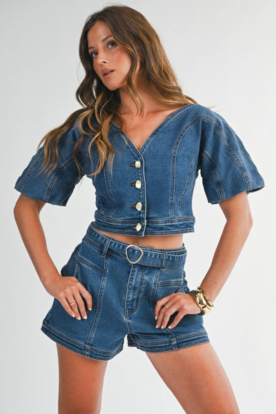 High-waisted Denim Shorts With Belt Detail