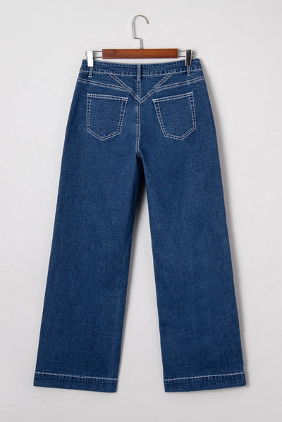 Sail Blue Stitched Waist Jeans Loose Cuffed Jeans