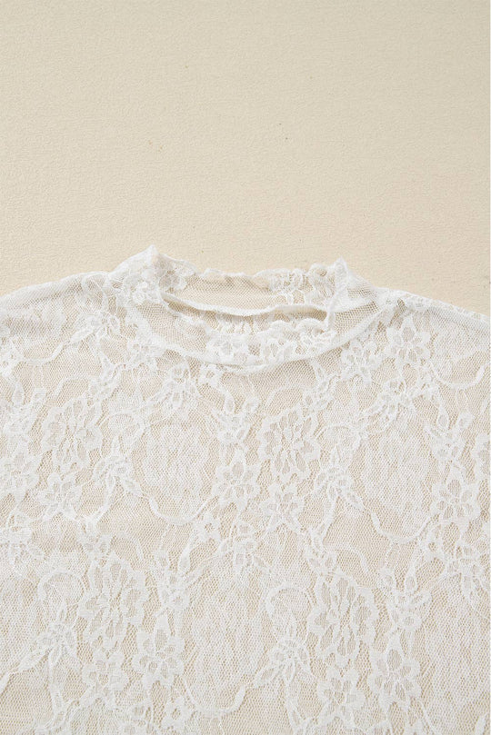 Sheer Lace Mesh Mock Neck Long Sleeve Top