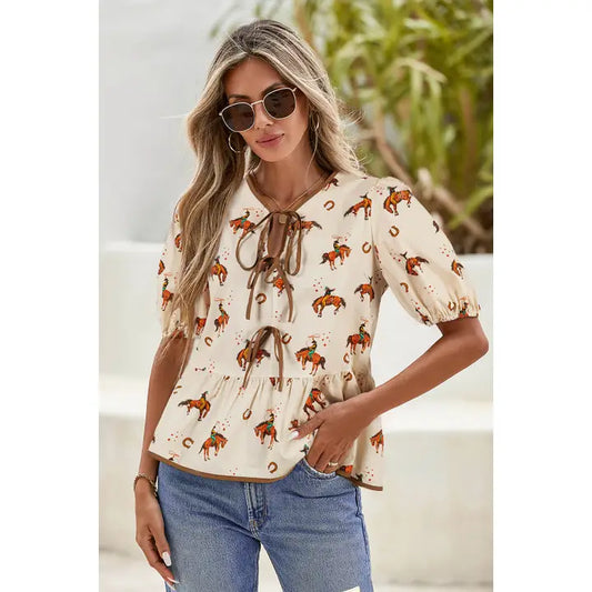 Western Cowboy Rodeo Puff Bowknot Babydoll Blouse