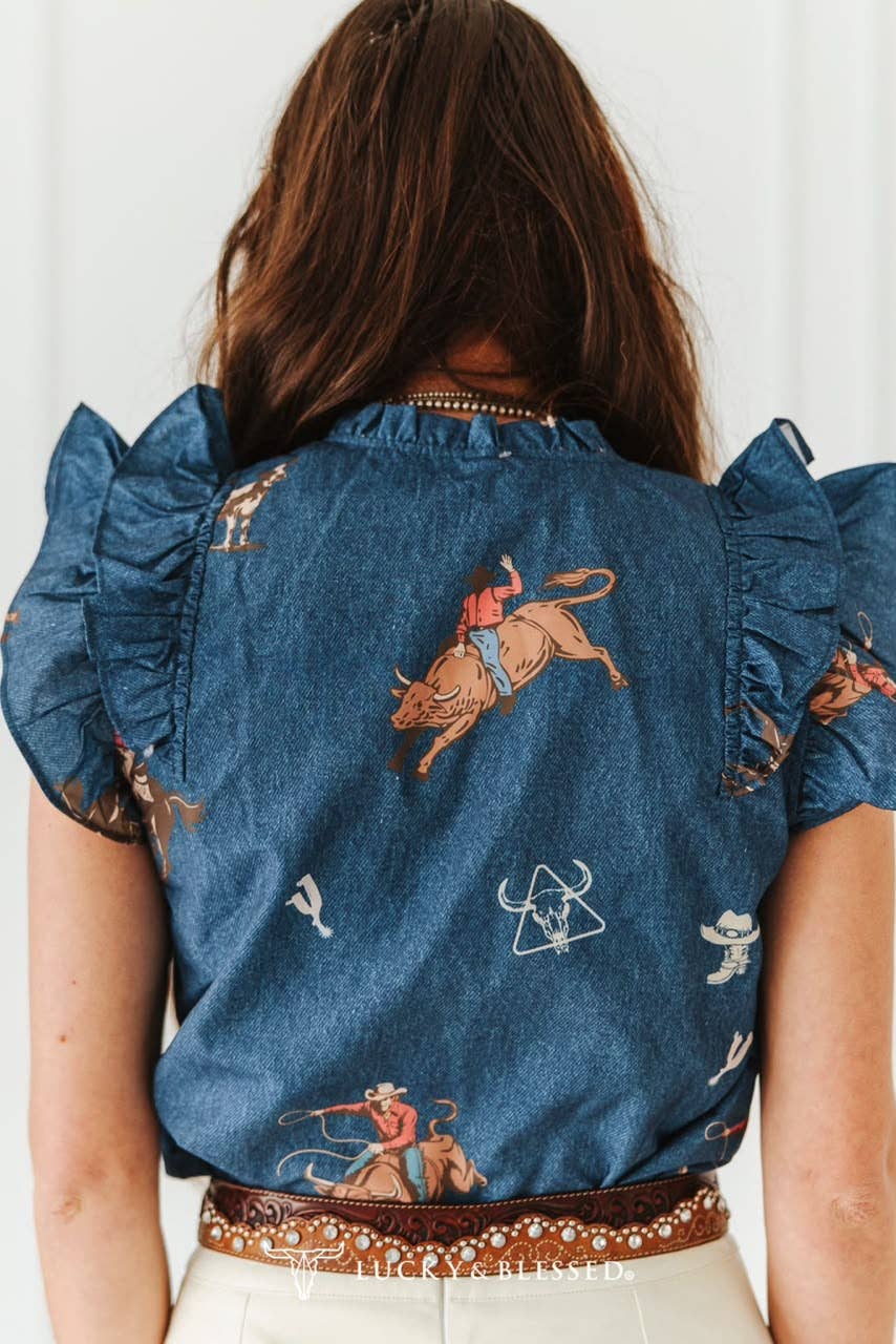 Mid Wash Cowboy Printed Ruffle Western Sleeve Top