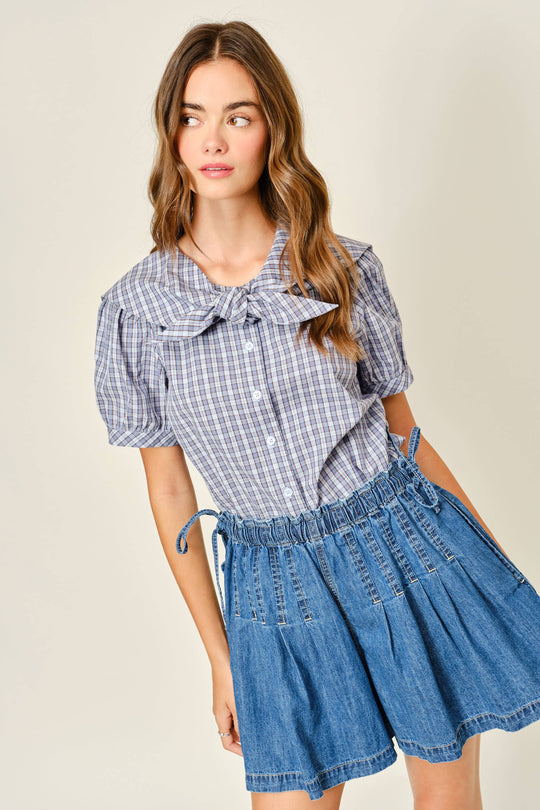 Amber COLLAR PLAID PUFF SLEEVE BLOUSE