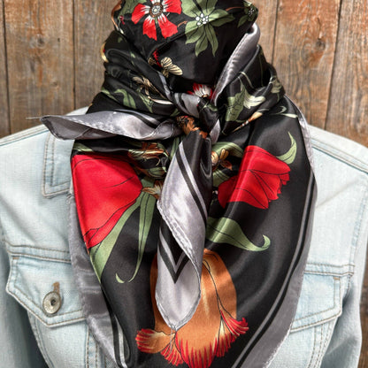 35X35" Black and Silver Tulips and Lilies Wild Rag / Scarf WR1011