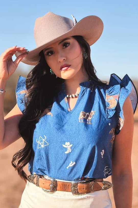 Mid Wash Cowboy Printed Ruffle Western Sleeve Top