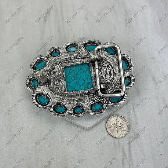 Silver metal with blue turquoise stone oval Belt buckle