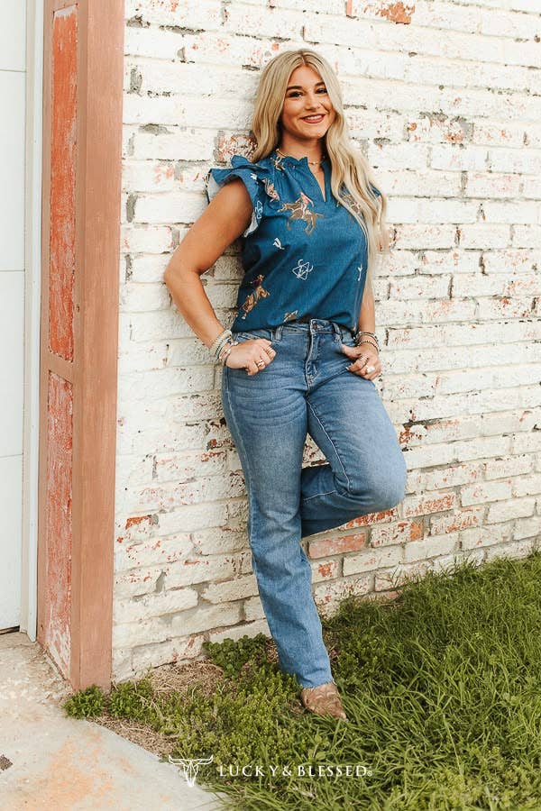 Mid Wash Cowboy Printed Ruffle Western Sleeve Top