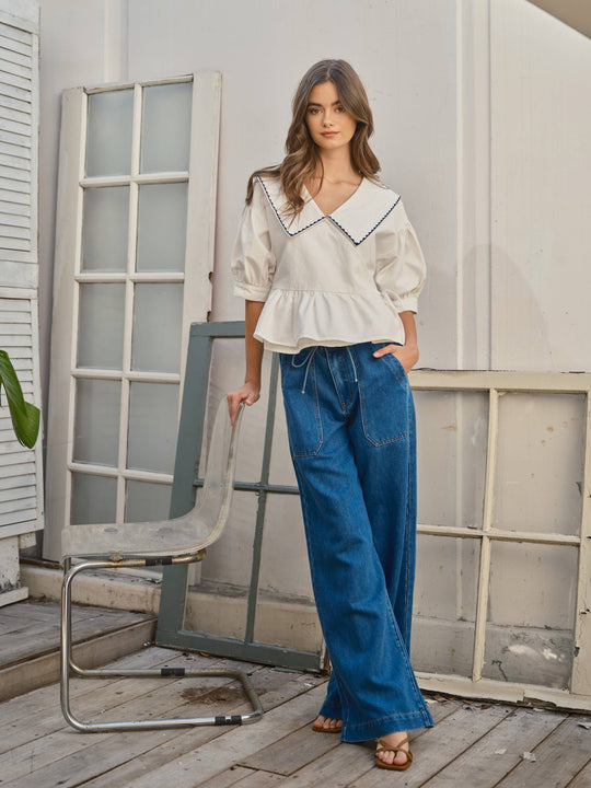 CC EMBORDIERED BIG COLLAR WRAP RUFFLE TOP