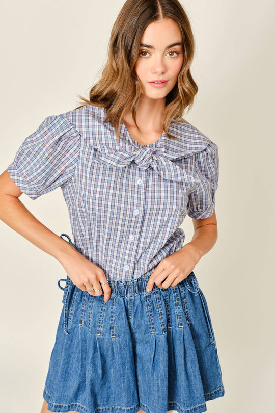 Amber COLLAR PLAID PUFF SLEEVE BLOUSE