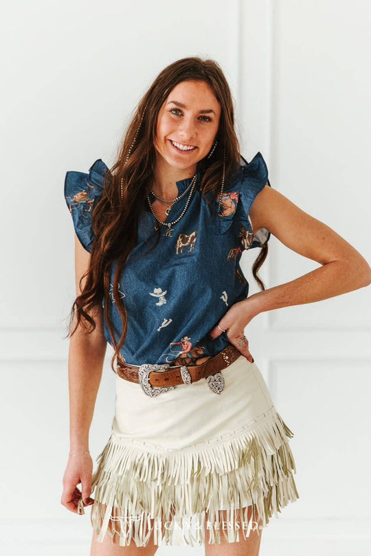Mid Wash Cowboy Printed Ruffle Western Sleeve Top