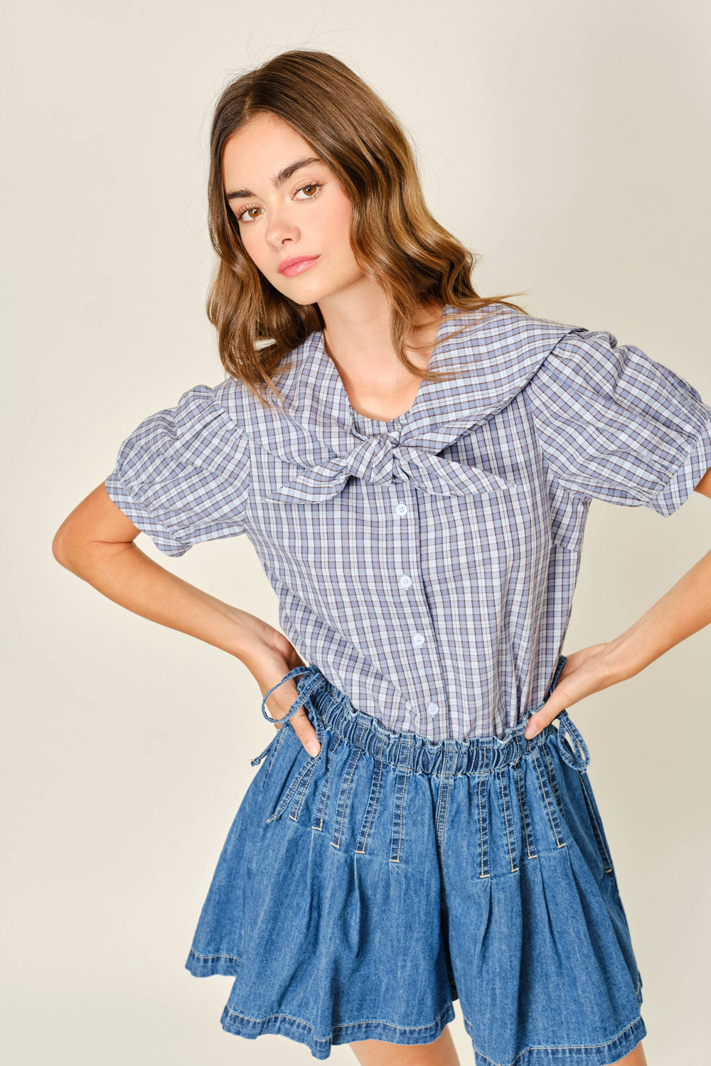 Amber COLLAR PLAID PUFF SLEEVE BLOUSE