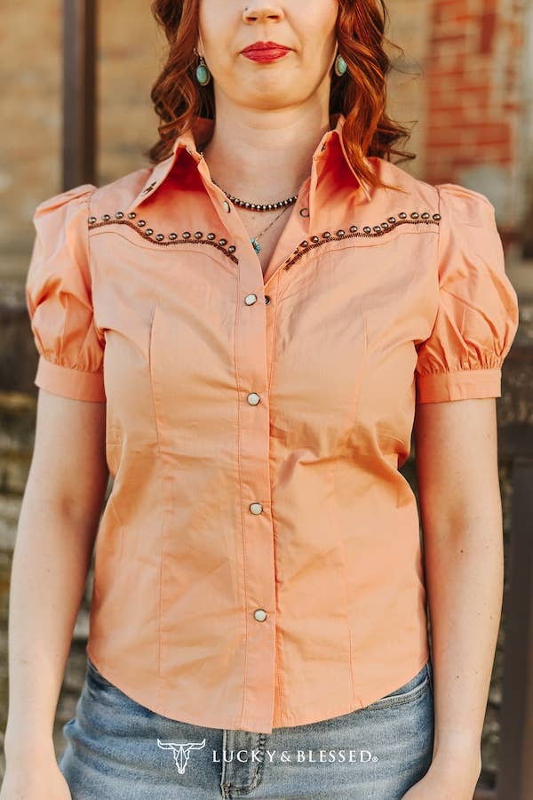 Harper Peach Studded Contrast Embroidered Puff Button Down Shirt