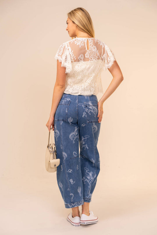 Selena Western Print Barrel Leg Denim Jean