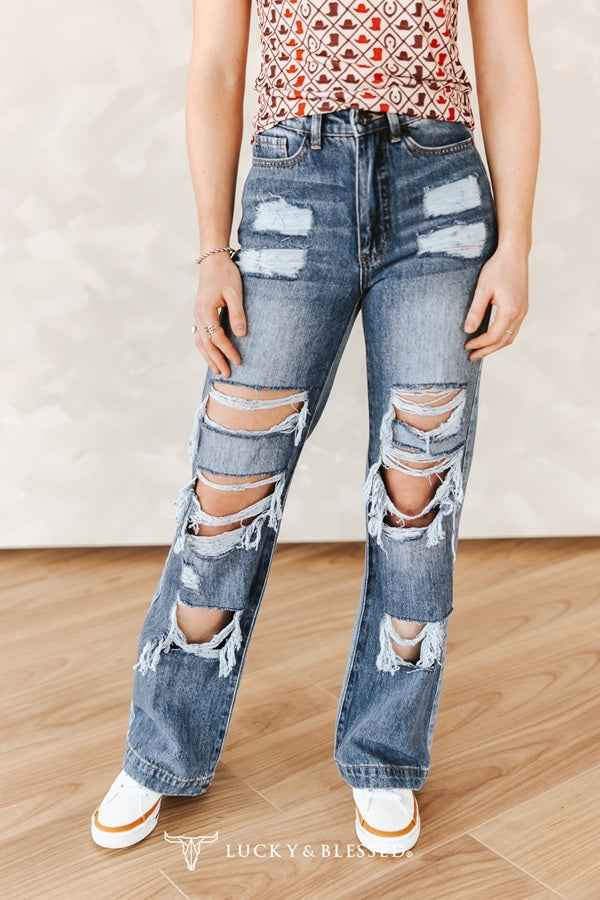 Alba Mid Wash Distressed Stretch High Rise Trouser Jeans(30in Inseam)