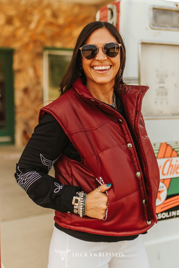 Gemma Burgundy Quilted Leather Bootstitch Crop Vest