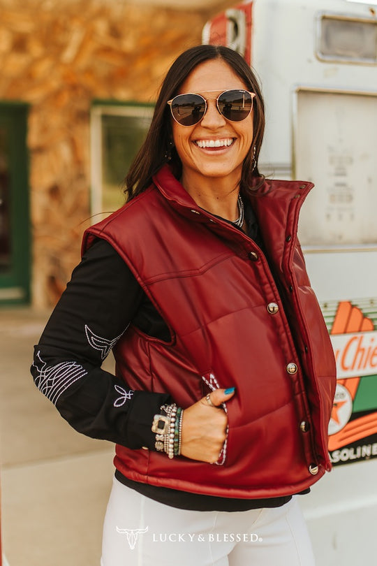 Gemma Burgundy Quilted Leather Bootstitch Crop Vest