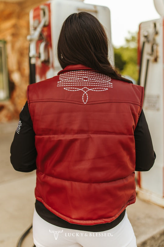 Gemma Burgundy Quilted Leather Bootstitch Crop Vest