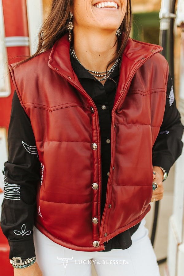 Gemma Burgundy Quilted Leather Bootstitch Crop Vest