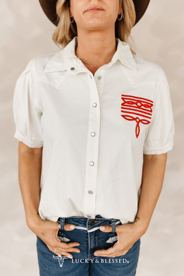 Lotti Yeehaw Embroidered Pearl Snap Top