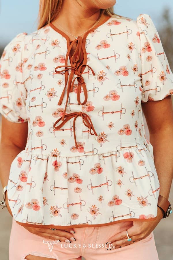 Connemara Printed tie Front Puff Sleeve Blouse